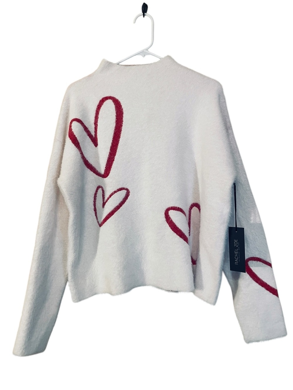 Rachel Zoe Heart Print Fuzzy Sweater NWT Women’s Large Soft Eyelash Knit Cozy Va